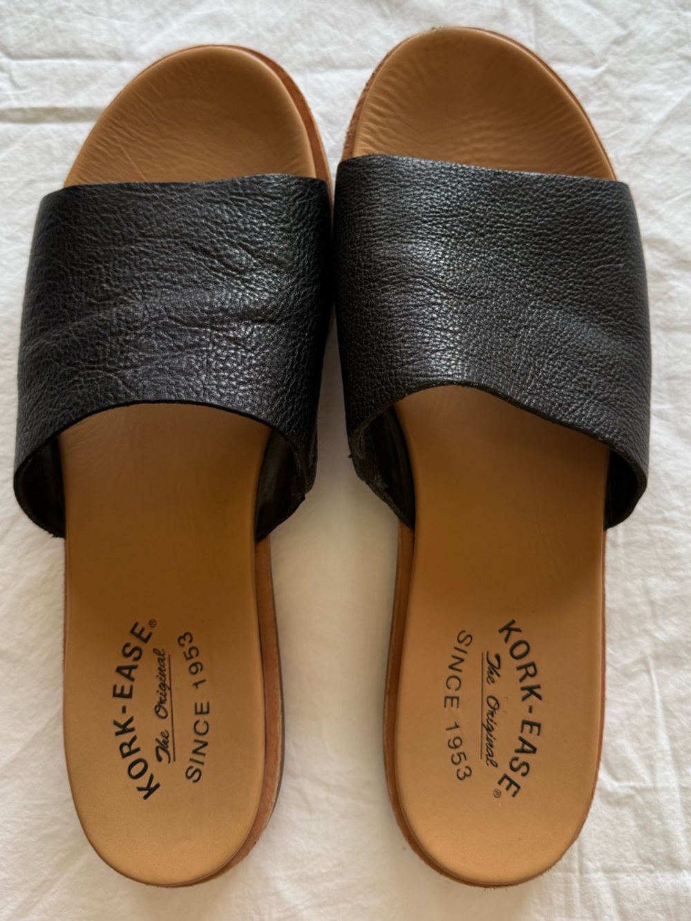 Kork-Ease Black Leather Slide Sandals size 10 with tan leather footbed